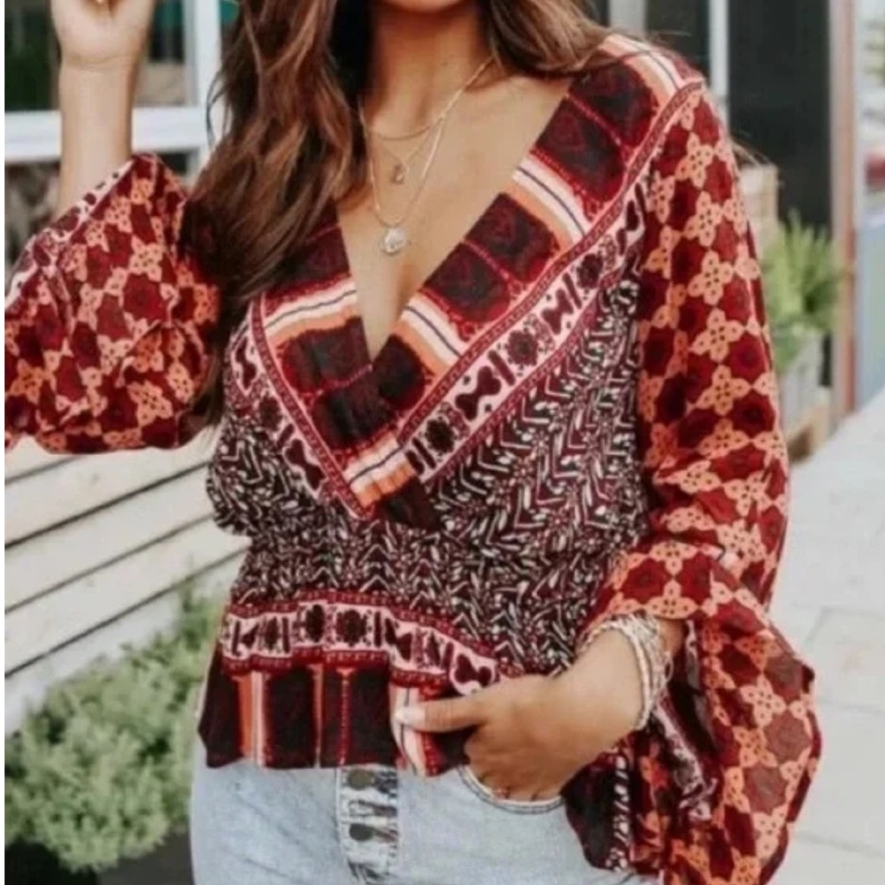 Free People Red Multi-Pattern V-Neck Peasant Top